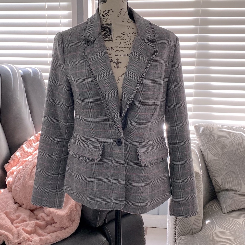 CeCe Plaid Ruffle-Trim Blazer